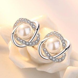 925 Sterling Silver Pearl Diamond Stud Earrings H